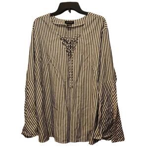 Ashley Stewart Blouse Women's 3X Lace Up Blue White Bell Sleeve NWOT